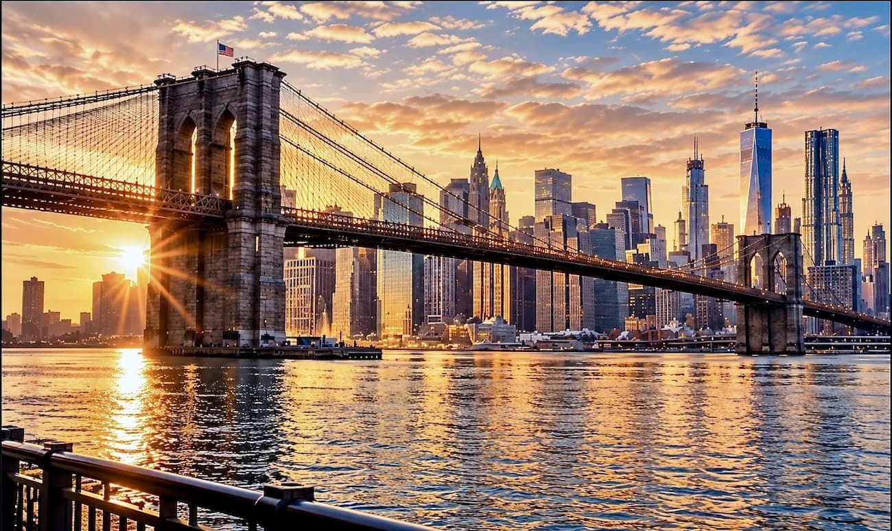 Brooklyn Bridge and Lower Manhattan skyline at sunset