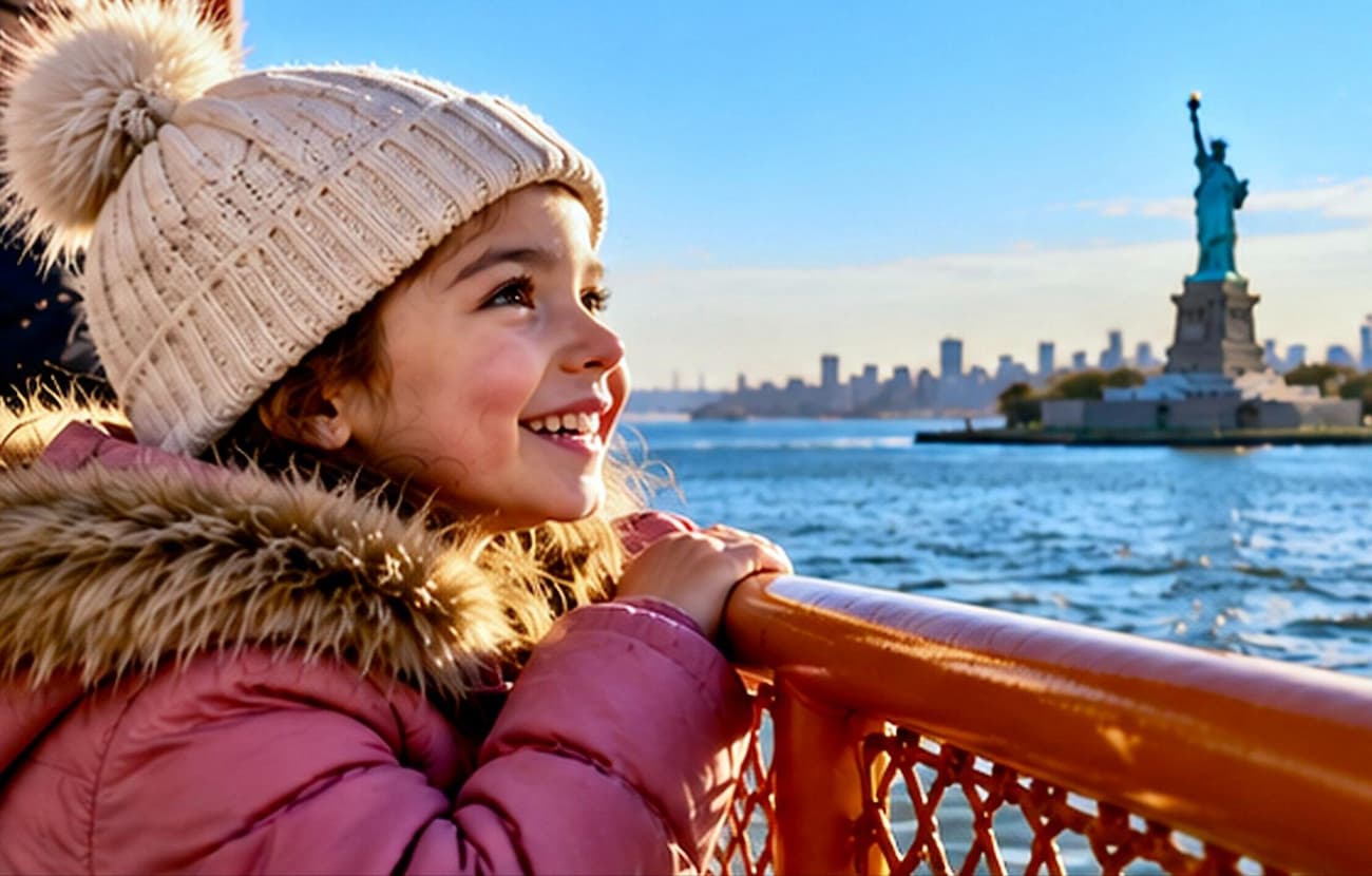 Child enjoying the Statue of Liberty view from a harbor ferry