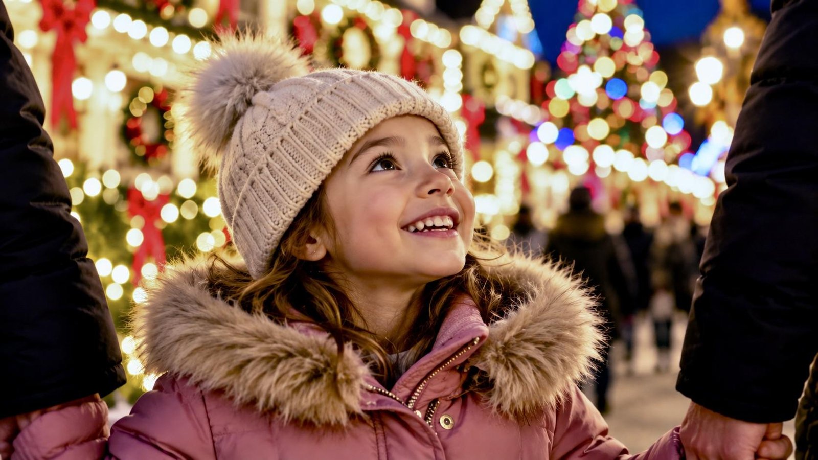 Child looking up at the Dyker Heights Christmas lights at dusk