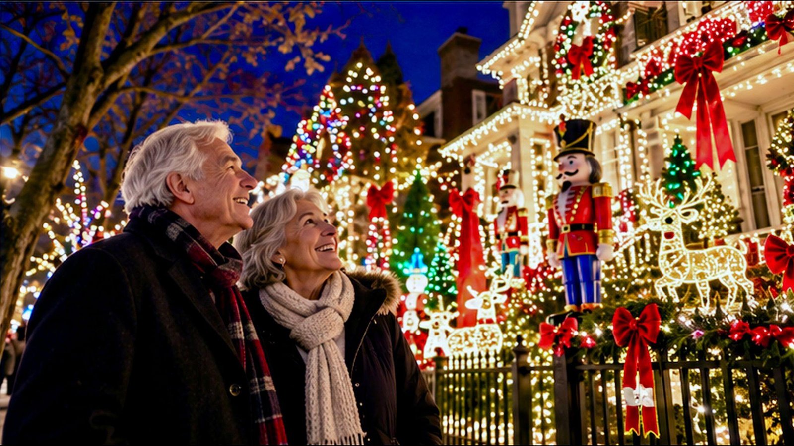 Couple Enjoying The Dyker Heights Christmas Lights In Brooklyn