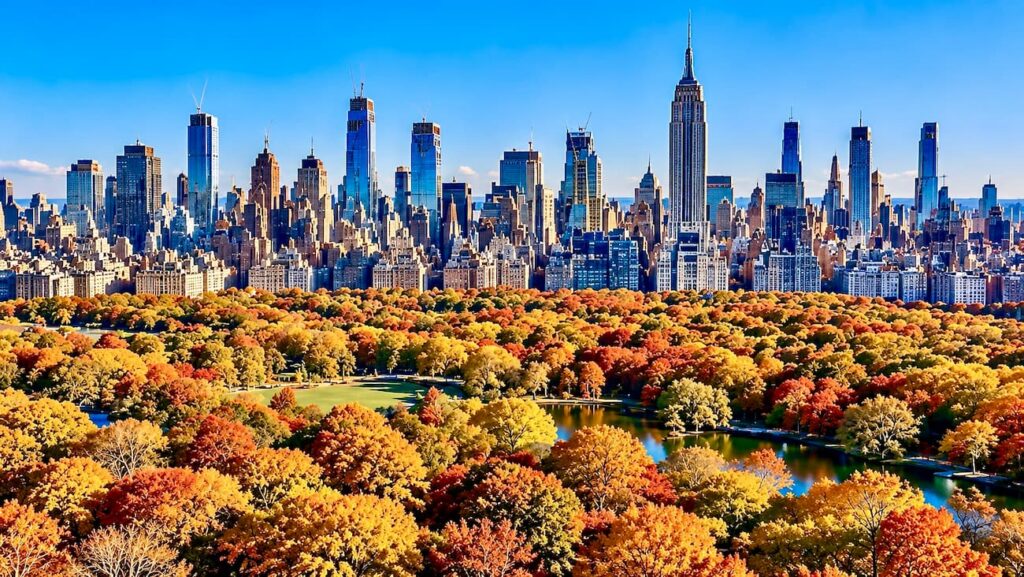 Midtown Manhattan skyline on a clear autumn day.
