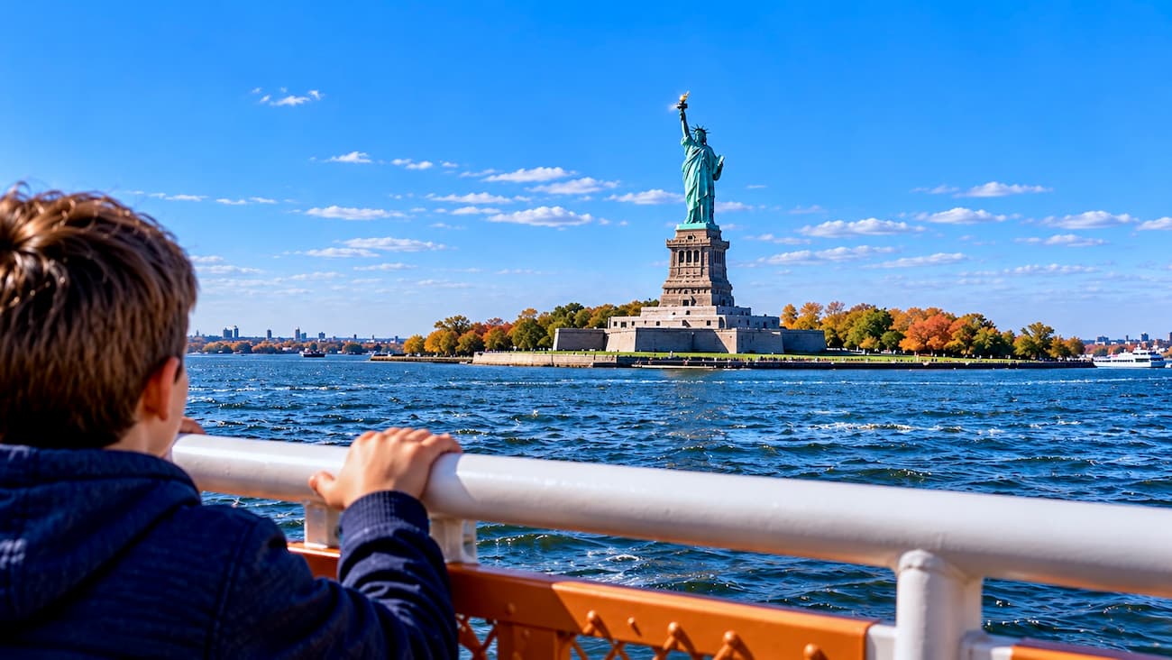 On the deck of the Staten Island Ferry on a clear October morning.