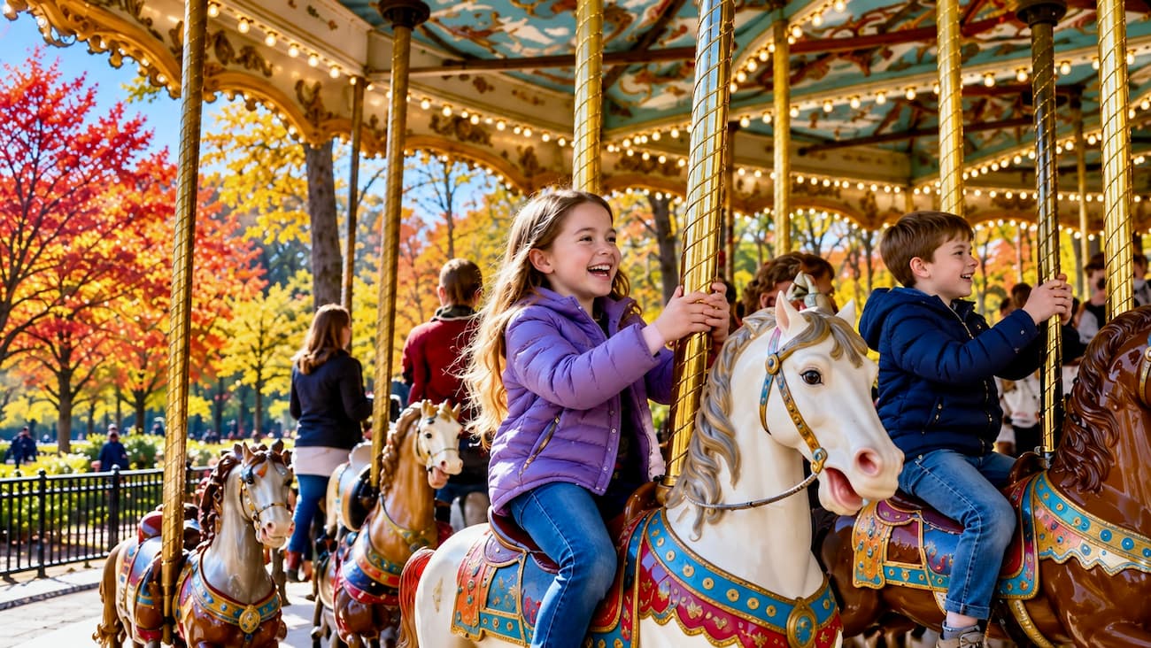 Riding the Central Park Carousel on a bright autumn afternoon.