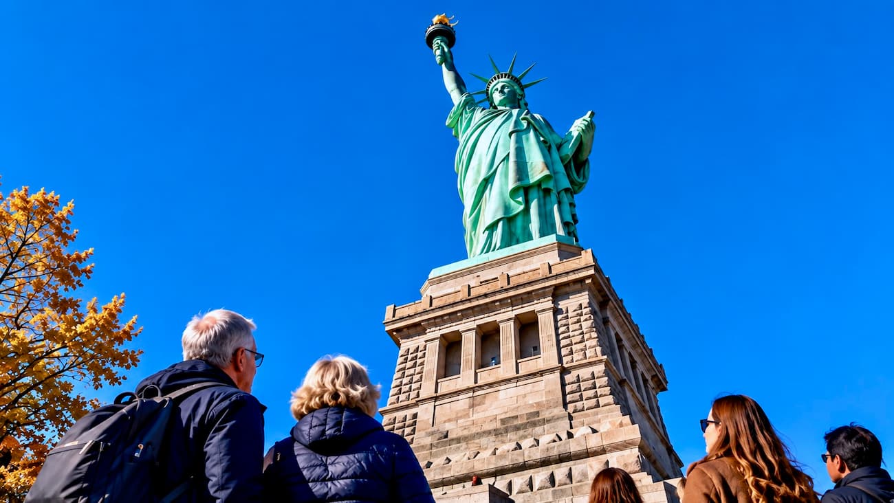 Standing at the base of the Statue of Liberty on Liberty Island.