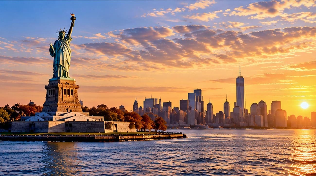 Statue of Liberty at sunset across New York Harbor