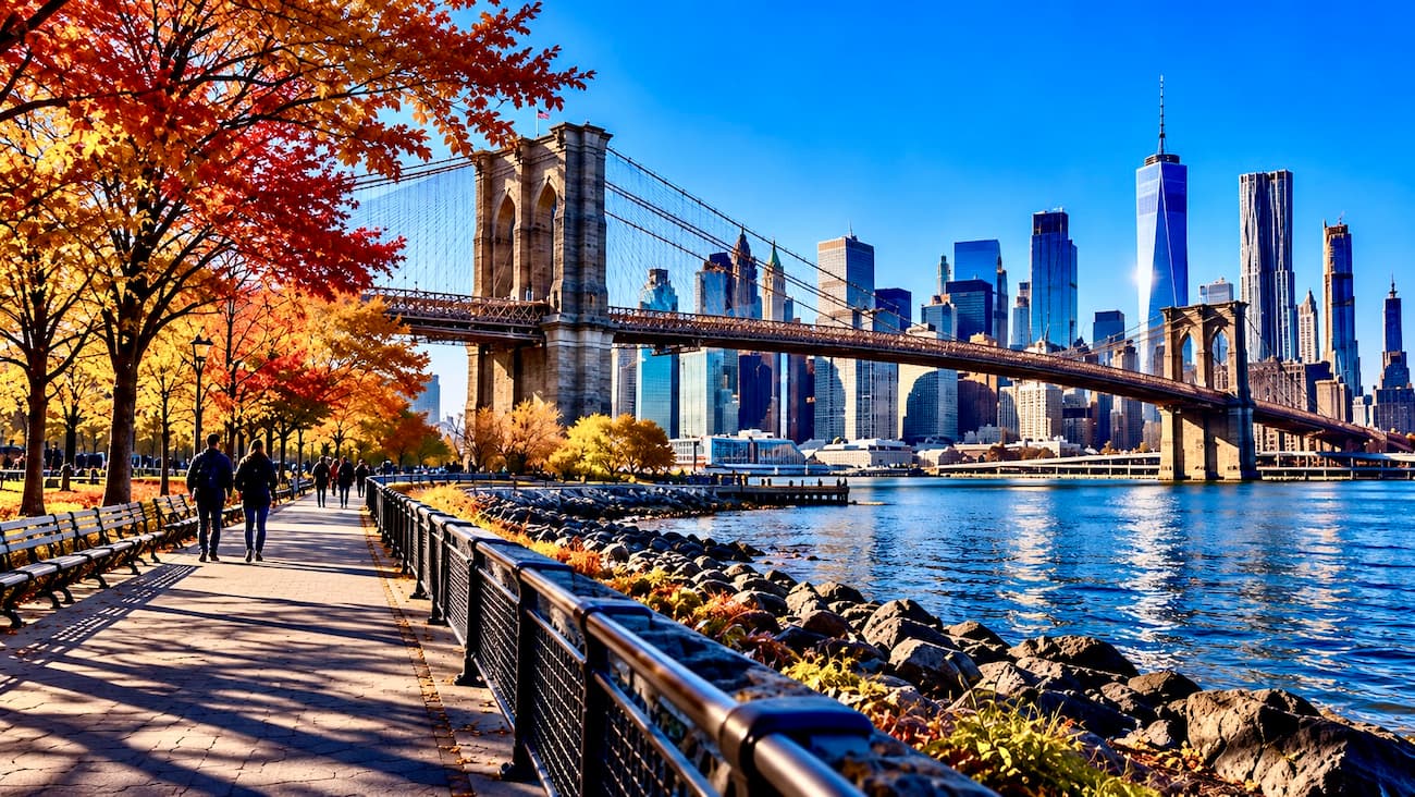 The Brooklyn Bridge and DUMBO waterfront on an October morning.