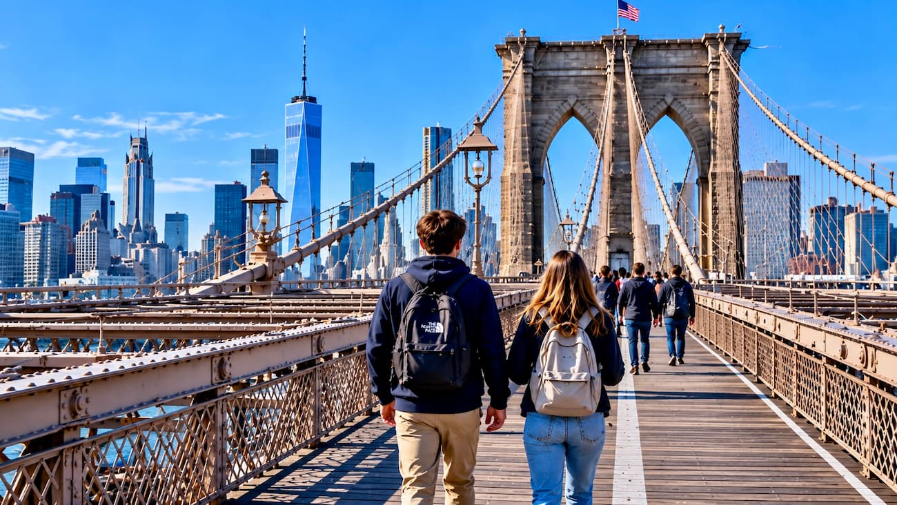 The Brooklyn Bridge pedestrian walkway on a bright fall day.