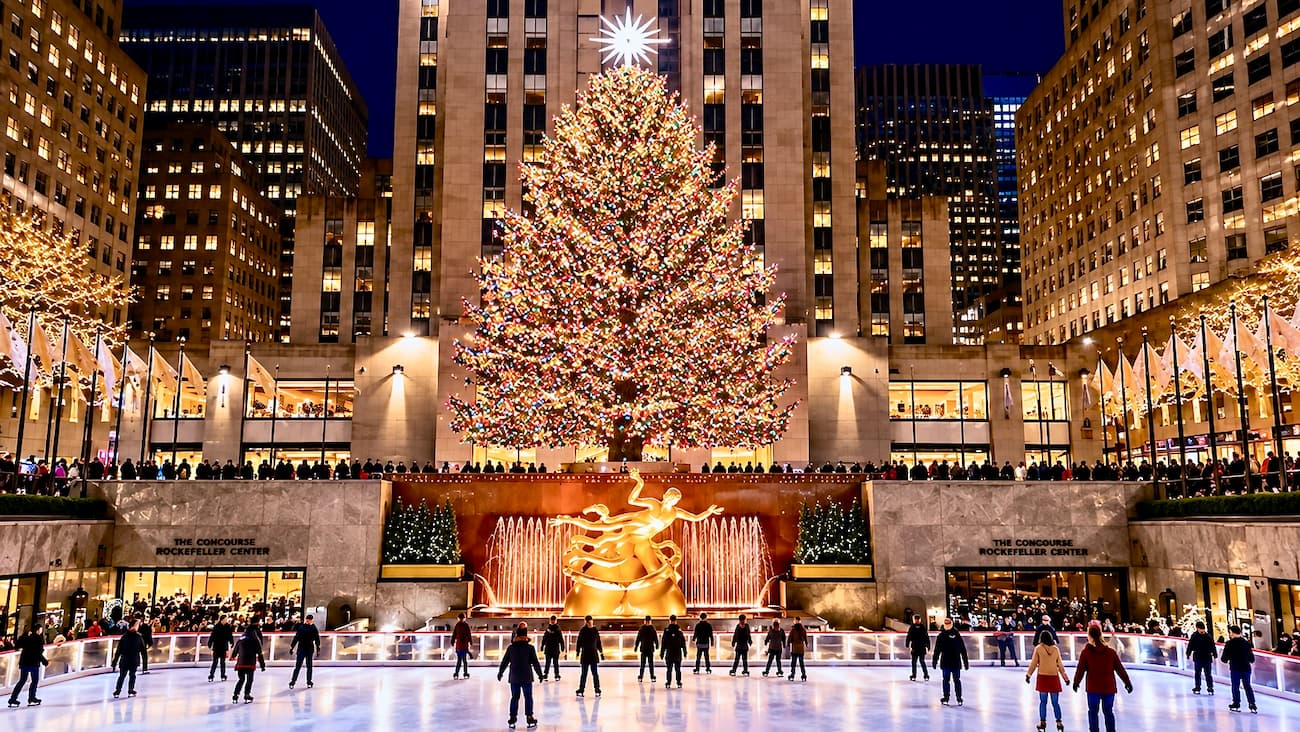 The Rockefeller Center Christmas tree blazing with light on a clear December night.