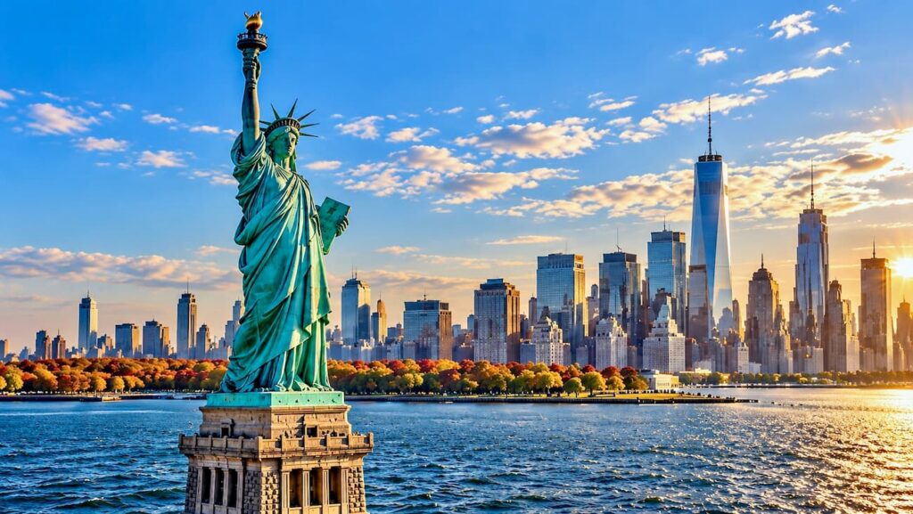 The Statue of Liberty rising from New York Harbor on a clear autumn morning.