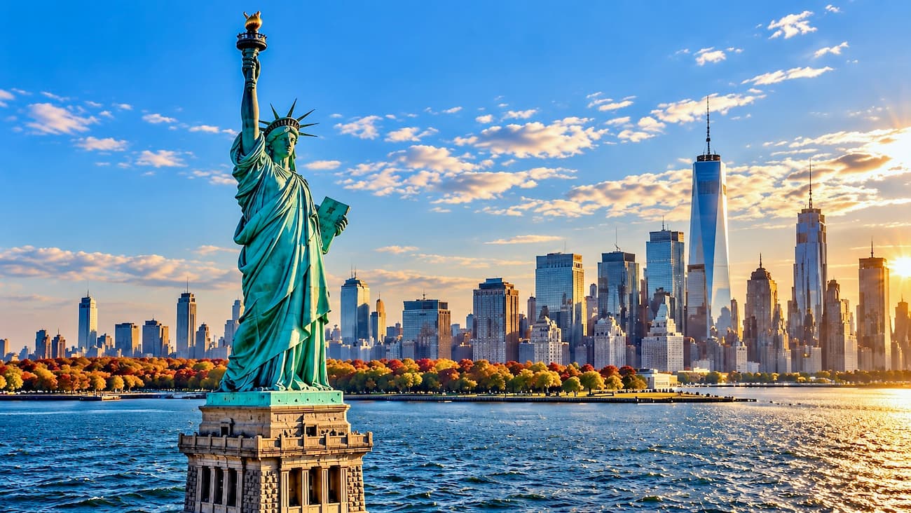 The Statue of Liberty rising from New York Harbor on a clear autumn morning.