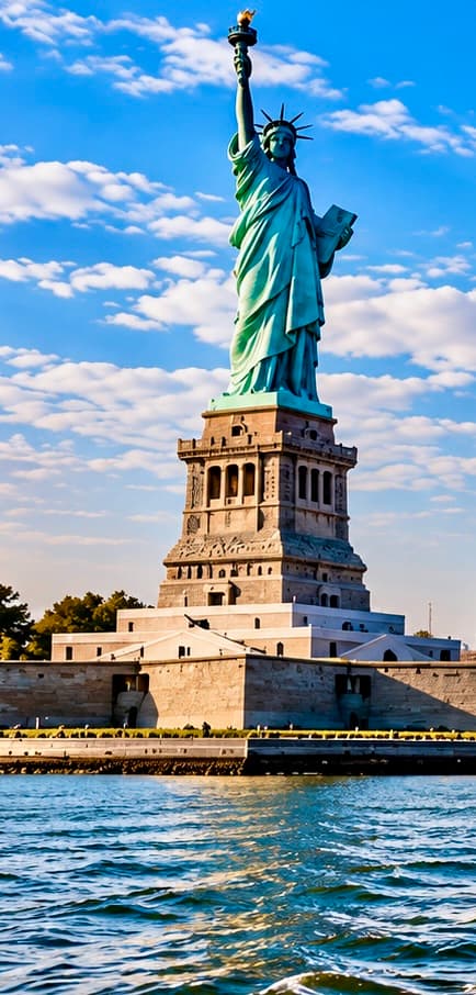 The Statue of Liberty seen up close from the deck of a harbor cruise boat.