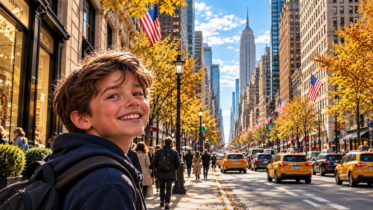 Young traveler on a busy Midtown Manhattan street