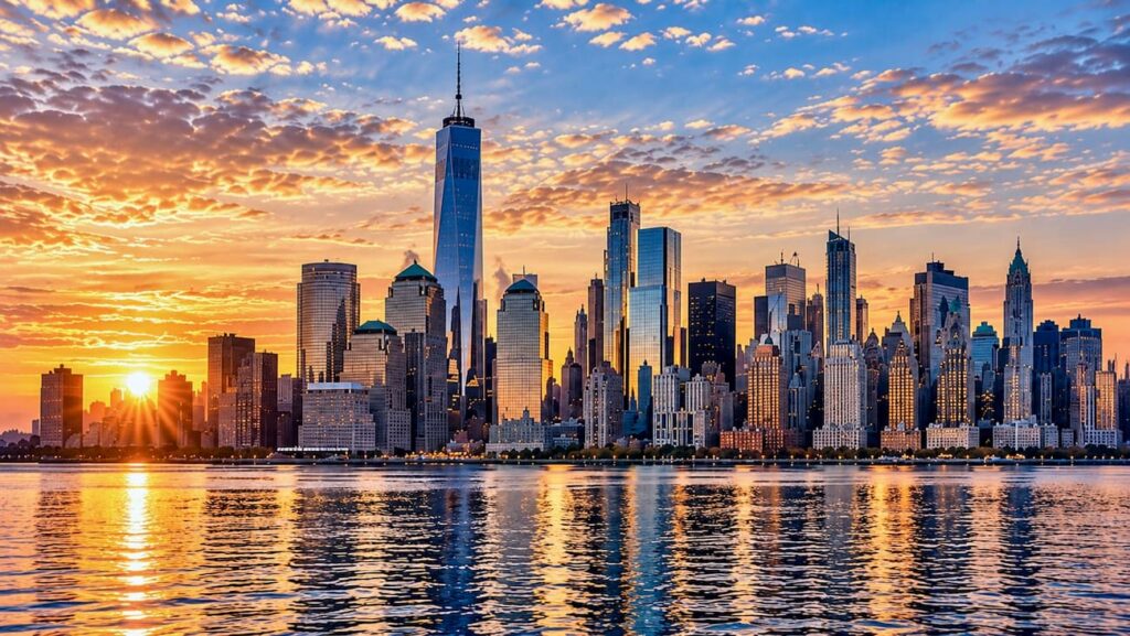 New York City skyline at sunset from the harbor