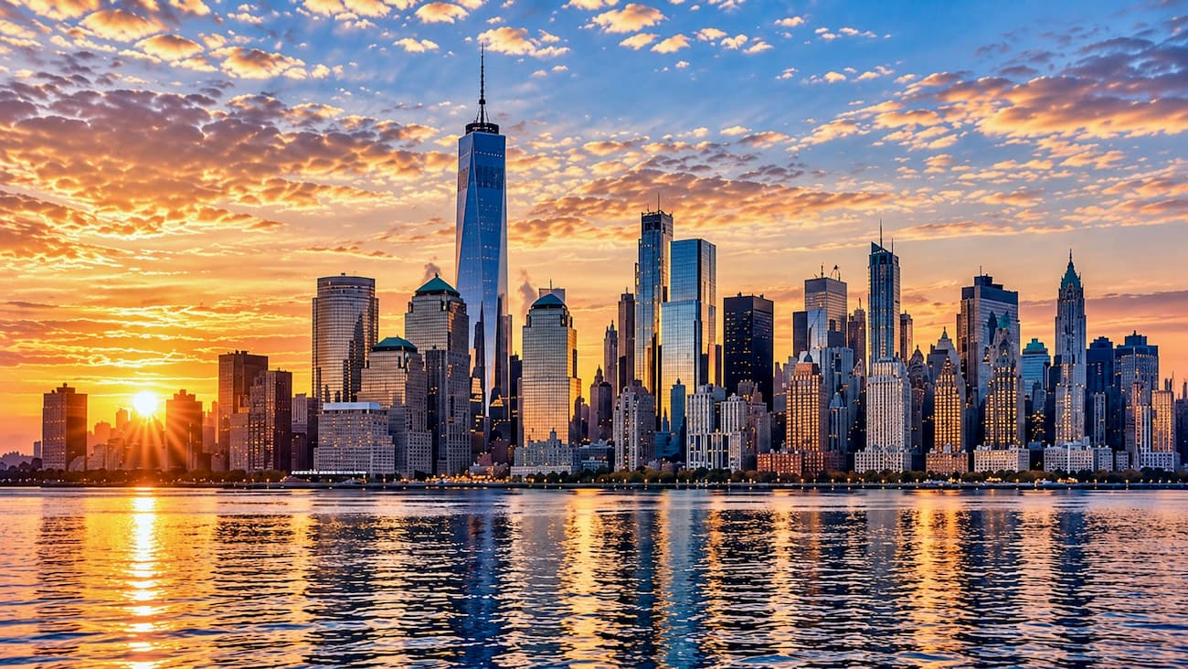 New York City skyline at sunset from the harbor