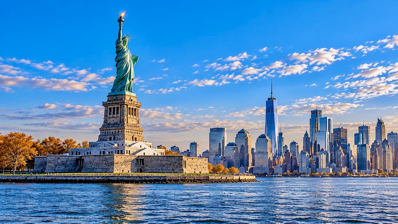 The Statue of Liberty rising from New York Harbor on a clear morning, her torch catching the early sun, the Manhattan skyline a soft presence across the water behind her