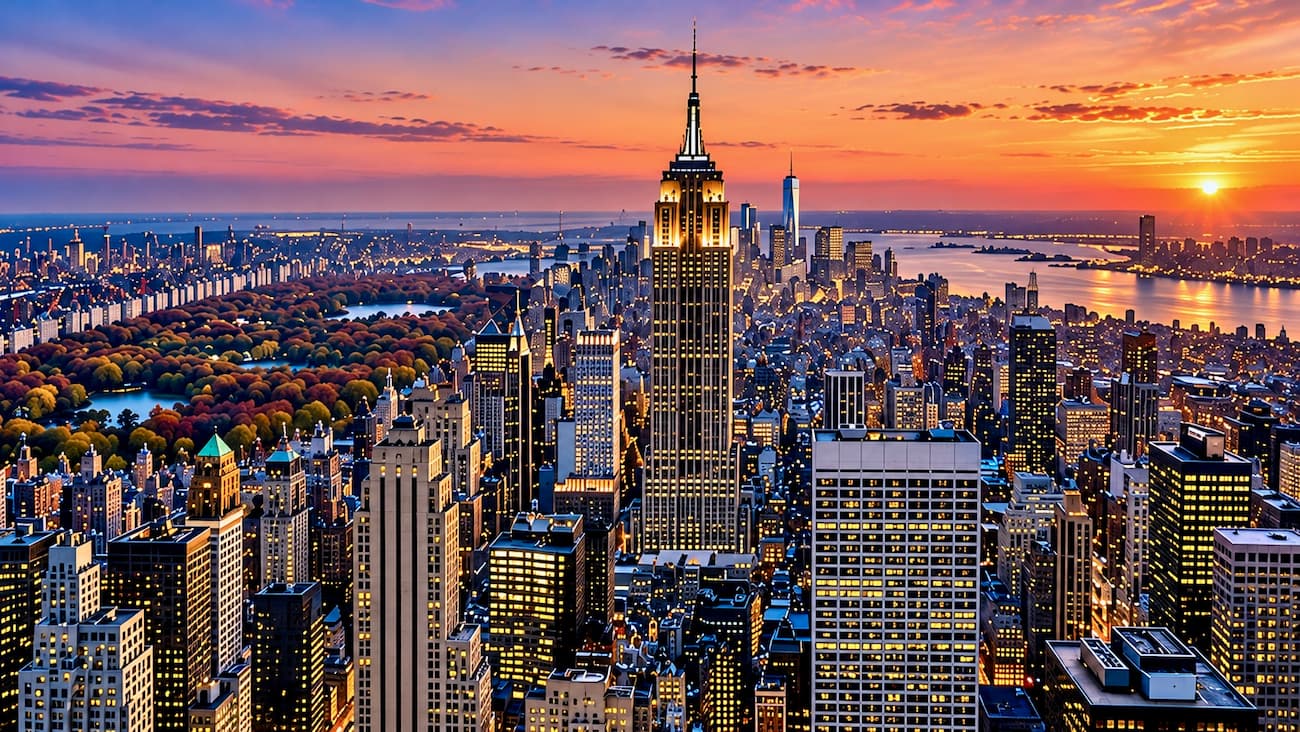 Top of the Rock view Empire State Building at sunset